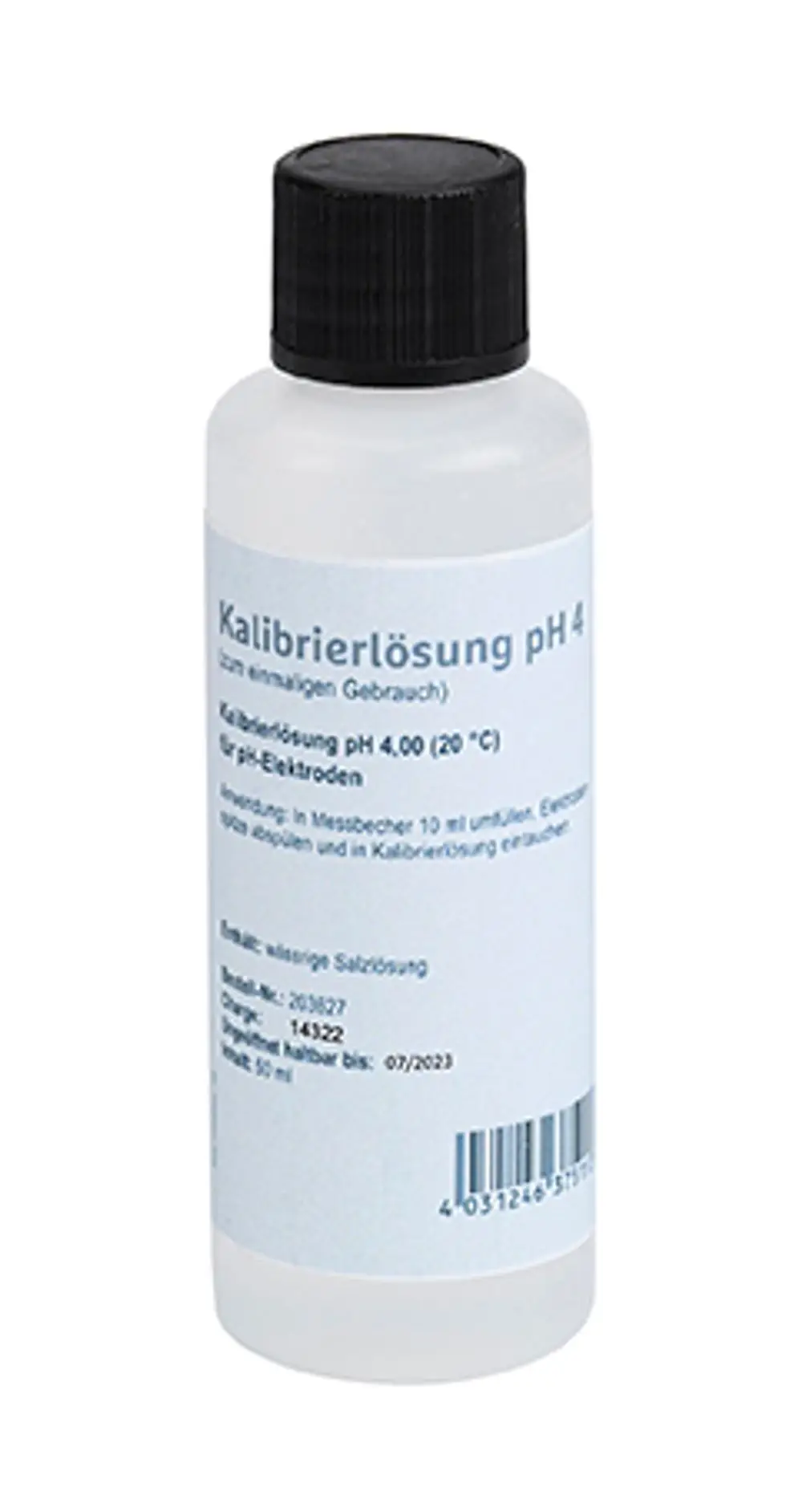 Flasche mit Kalibrierlösung für pH-Messungen, mit der Aufschrift "Kalibrierlösung pH 4" und Gebrauchsanweisung. Produkt von Grünbeck, 50 ml Inhalt.